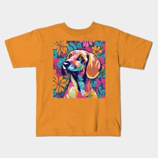 Dashing Dachshund, vibrant dog surrounded by flowers Kids T-Shirt
